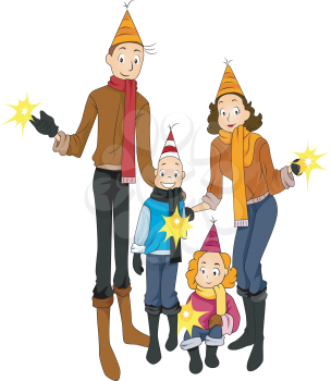 Royalty Free Clipart Image of a Family Celebrating New Year's Eve