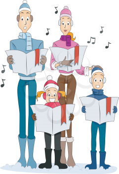 Royalty Free Clipart Image of a Family Singing Christmas Carols
