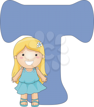 Royalty Free Clipart Image of a Little Girl With the Letter T