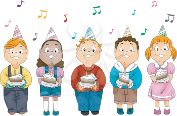 Royalty Free Clipart Image of a Children in Party Hats Holding Cake
