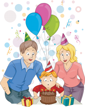 Royalty Free Clipart Image of a Child and His Parents Celebrating His Birthday