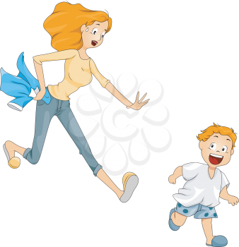 Royalty Free Clipart Image of a Boy Running Away From His Mother