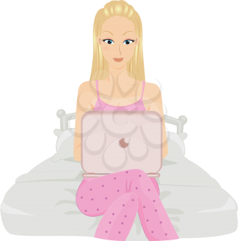 Royalty Free Clipart Image of a Girl in Pyjamas With a Laptop on Her Bed