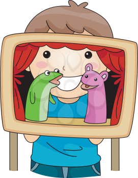 Royalty Free Clipart Image of a Child Giving a Puppet Show