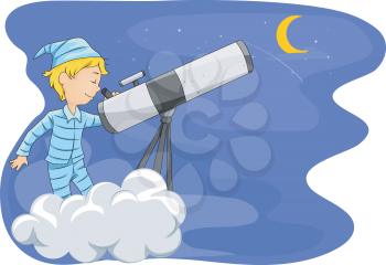 Royalty Free Clipart Image of a Boy on a Cloud in His Pyjamas Looking Through a Telescope