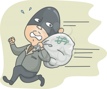 Royalty Free Clipart Image of a Masked Man Running Away With a Bag of Money