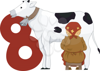 Royalty Free Clipart Image of a Milkmaid and Cow Beside Eight