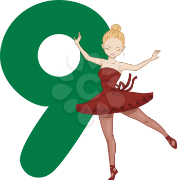 Royalty Free Clipart Image of a Ballerina Beside a Nine