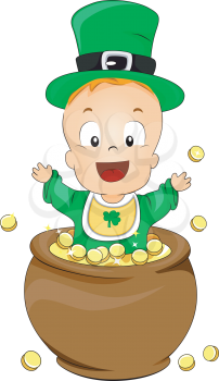 Royalty Free Clipart Image of an Irish Baby in a Pot of Gold