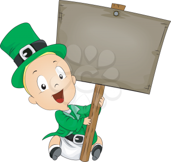 Royalty Free Clipart Image of a Baby With a Sign Dressed For St. Patrick's Day