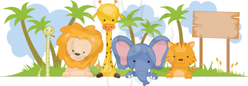 Royalty Free Clipart Image of a Group of Wild Animals Beside a Board