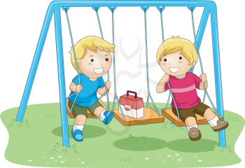 Royalty Free Clipart Image of Children and a Lunchbox on a Swing