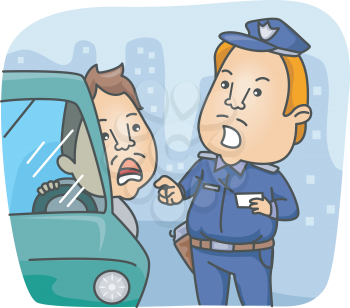 Royalty Free Clipart Image of a Policeman Talking to a Driver