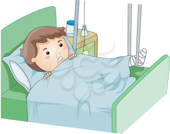 Royalty Free Clipart Image of a Child Wearing a Cast in a Hospital Bed
