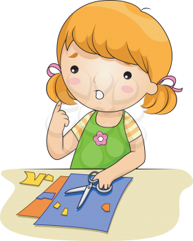 Royalty Free Clipart Image of a Little Girl Doing Crafts Who Hurt Her Finger