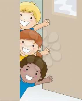 Royalty Free Clipart Image of Children Waving From Inside a Door