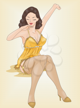 Royalty Free Clipart Image of a Girl in Sexy Lingerie Stretching on a Bed