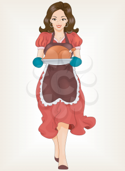 Royalty Free Clipart Image of a Woman Carrying a Roast Turkey