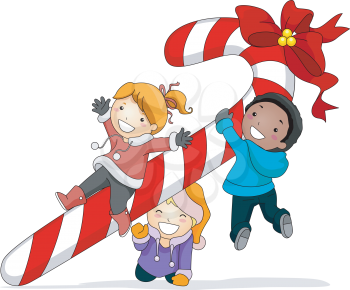 Royalty Free Clipart Image of a Group of Children, With a Huge Candy Cane