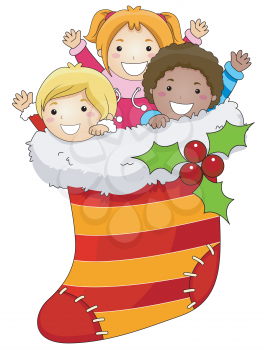 Royalty Free Clipart Image of Children in a Christmas Stocking
