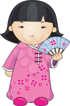 Royalty Free Clipart Image of a Girl With a Fan Dressed in a Cheongsam