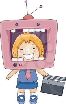 Royalty Free Clipart Image of a Girl With a TV on Her Head Holding a Clapper Board