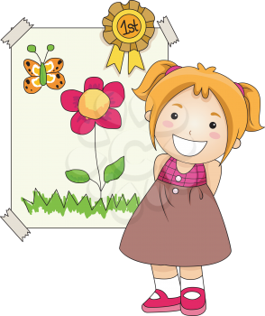 Royalty Free Clipart Image of a Girl With First Prize on Her Artwork