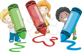 Royalty Free Clipart Image of Three Children With Huge Crayons