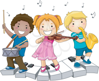 Royalty Free Clipart Image of Children Standing on Piano Keys Playing Musical Instruments