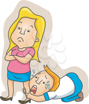 Royalty Free Clipart Image of a Girl With a Man Crying at Her Feet
