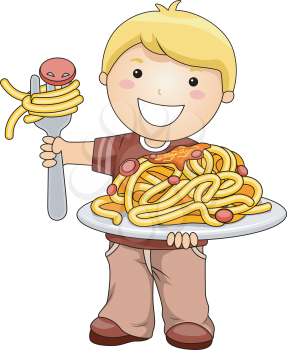 Royalty Free Clipart Image of a Boy With a Big Plate of Spaghetti and Meatballs