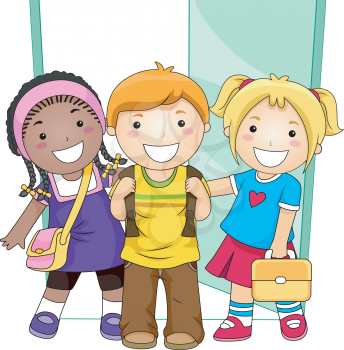 Royalty Free Clipart Image of Students Outside the School