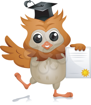 Royalty Free Clipart Image of an Owl Holding a Diploma