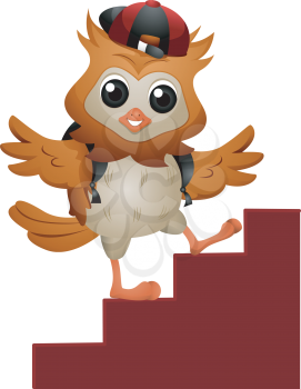 Royalty Free Clipart Image of a Young Owl With a Backpack Climbing Stairs