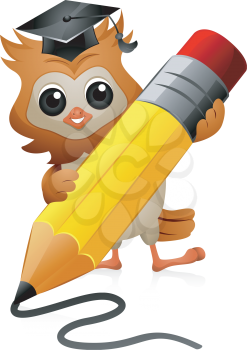 Royalty Free Clipart Image of an Owl Scribbling With a Pencil