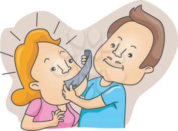 Royalty Free Clipart Image of a Man Taping His Wife's Mouth Shut