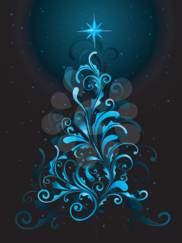Royalty Free Clipart Image of a Blue Metallic Tree of Flourishes on Black