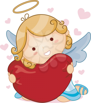 Royalty Free Clipart Image of an Angel Hugging a Heart