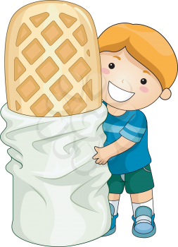 Royalty Free Clipart Image of a Boy Taking a Large Waffle Out of a Package