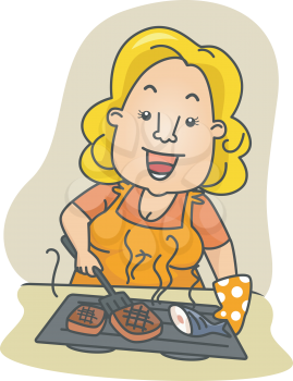 Royalty Free Clipart Image of a Woman Grilling Food