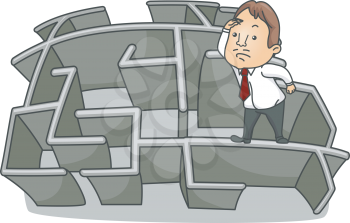 Royalty Free Clipart Image of a Man on Top of a Maze of Office Cubicles