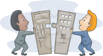 Royalty Free Clipart Image of To Men Pushing a Building Puzzle Together