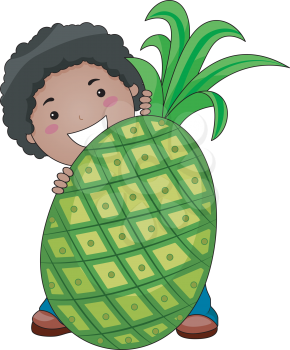 Royalty Free Clipart Image of a Boy With a Very Large Pineapple