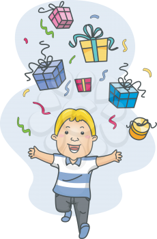 Royalty Free Clipart Image of a Child Standing Under Falling Gifts