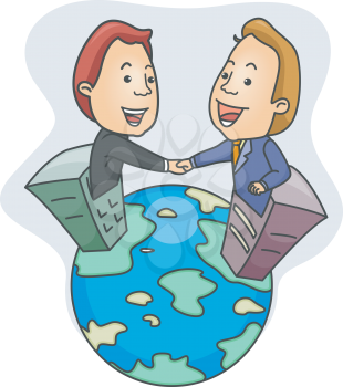 Royalty Free Clipart Image of Men in Filing Cabinets Shaking Hands on Top of the World