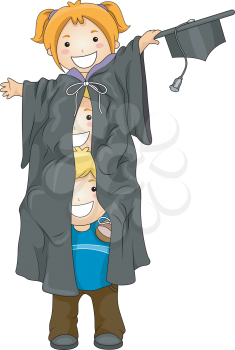 Royalty Free Clipart Image of Three Children Piled Under a Graduation Robe