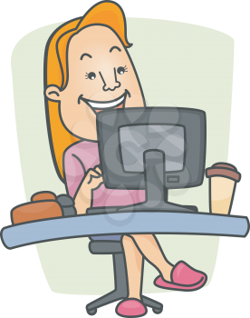 Royalty Free Clipart Image of a Woman Wearing Slippers While Working at a Computer