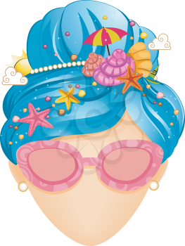 Royalty Free Clipart Image of a Girl With Summer Items in Blue Hair
