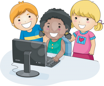 Royalty Free Clipart Image of a Group of Children at a Computer