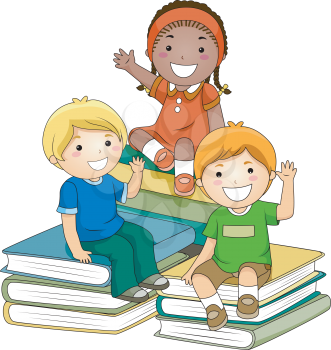 Royalty Free Clipart Image of a Group of Children Sitting on Piles of Books